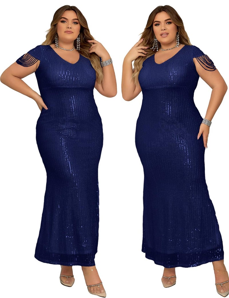 Meilun Women's V Neck Sequin Formal Evening Dress Tassel Bead Sleeve Mermaid Long Gown 1920S Party Maxi Military Dress (Blue, M) - Image 4